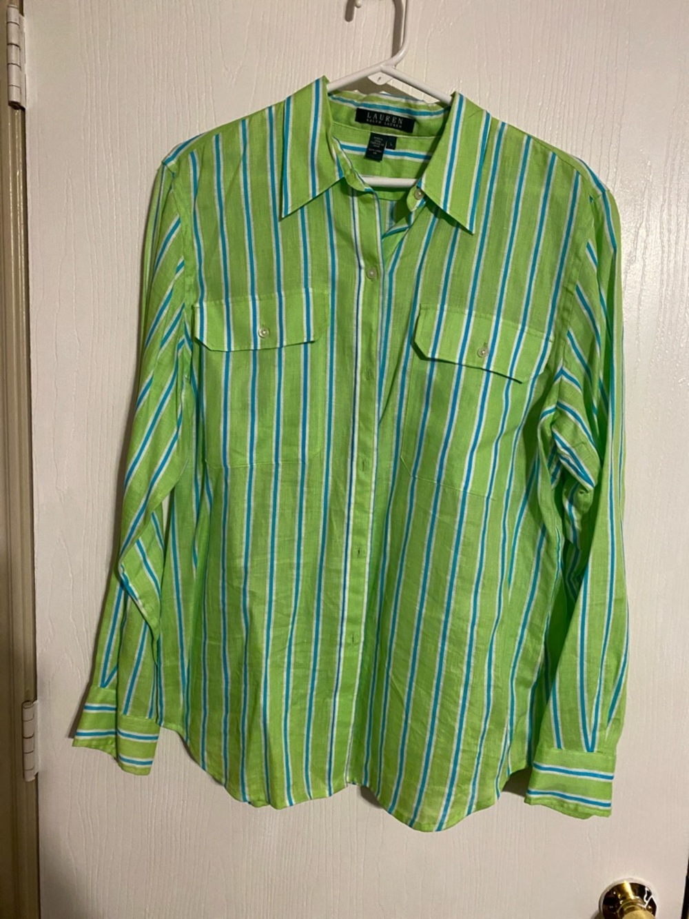 Lauren Ralph Lauren Lime Green, White and Blue Striped Button-Down Shirt